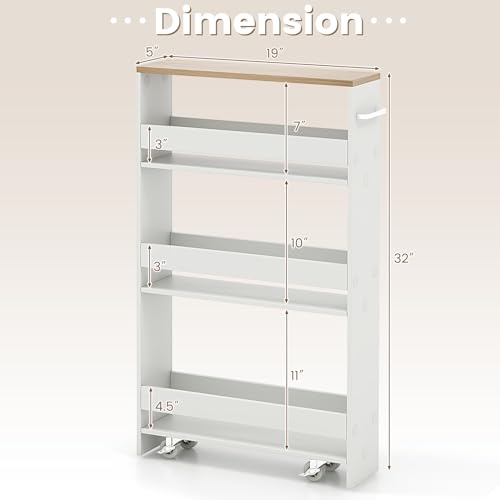 COSTWAY Slim 4-Tier Rolling Utility Cart, Wooden Shelving Unit with Handle & Wheels, Ideal for Small Spaces - color: White