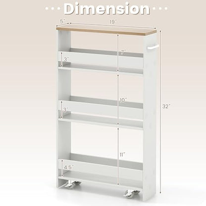 COSTWAY Slim 4-Tier Rolling Utility Cart, Wooden Shelving Unit with Handle & Wheels, Ideal for Small Spaces - color: White