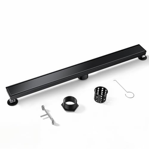 Linear Shower Drain 60inch，Black 304 Stainless Steel Tile Insert Cover & Adjustable Leveling Feet Shower Floor Drain with Hair Catcher Fits Balcony Bathroom - color: Matte Black, size: 60inch