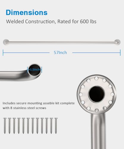 1Pcs 57-Inch ADA Compliant Grab Bar | 1.5" Diameter, Handicap Friendly, Commercial & Residential Bathrooms, Shower Bathtub,Brushed Stainless Steel
