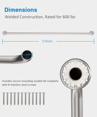 1Pcs 57-Inch ADA Compliant Grab Bar | 1.5" Diameter, Handicap Friendly, Commercial & Residential Bathrooms, Shower Bathtub,Brushed Stainless Steel