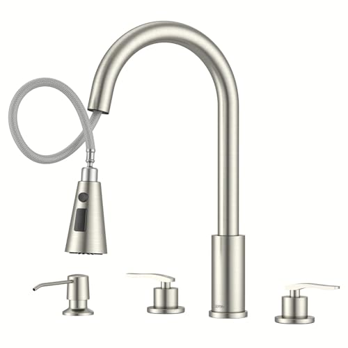 DAYONE 2 Handle Kitchen Faucet with Pull Down Sprayer, 3 Hole Sink Faucets with Separate Handle for Kitchen RV Laundry Bar, 3 Modes, SUS304 Stainless Steel, Brushed Nickel - color: Brushed Nickel, style: 2-handle