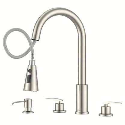 DAYONE 2 Handle Kitchen Faucet with Pull Down Sprayer, 3 Hole Sink Faucets with Separate Handle for Kitchen RV Laundry Bar, 3 Modes, SUS304 Stainless Steel, Brushed Nickel - color: Brushed Nickel, style: 2-handle