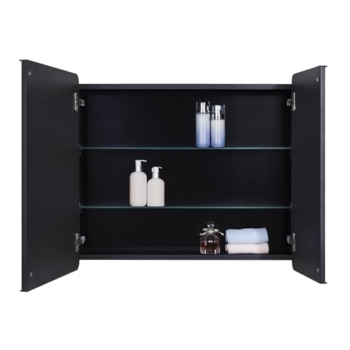 Black Bathroom Mirror Medicine Cabinet with Round Corner Framed Door 30 x 25.6 inch, Recessed or Surface Mount, with Adjustable Glass Shelves - size: 30 x 25.6 inch