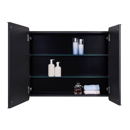 Black Bathroom Mirror Medicine Cabinet with Round Corner Framed Door 30 x 25.6 inch, Recessed or Surface Mount, with Adjustable Glass Shelves - size: 30 x 25.6 inch