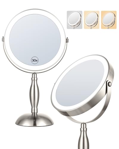 8"Makeup Mirror with Light–Brushed Nickel, 30X Magnifying/1X Double Sided | Vanity Mirror with 360° Swivel, 5000mAh Rechargeable (Side Touch + Side Charge), 3 Color & Dimming, Lighted Makeup Mirror - color: Brushed Nickel