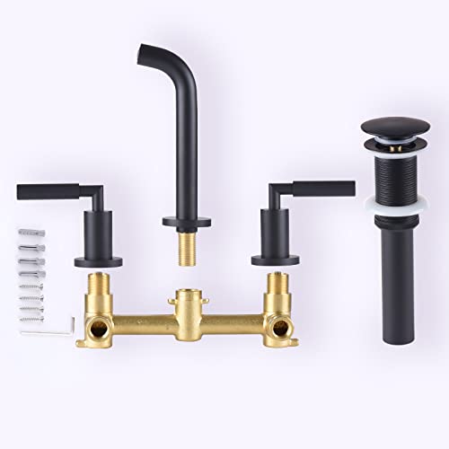 RBROHANT Black Wall Mount Faucet with Pop up Drain Set for Sink Without Overflow, Matte Black Dual Handle Wall Mounted Bathroom Sink Faucet, Brass Rough-in Valve Included, RB0735D - color: Matte Black, style: Lever Handle Faucet with Drain