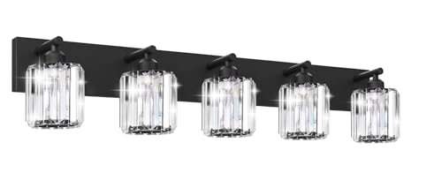 Black Crystal Bathroom Vanity Light, 5-Light Modern Bathroom Lighting Fixtures Over Mirror, Matte Black Wall Sconce Light Fixtures with Round Shade - color: Black-Round Shade, size: 5-LIGHT