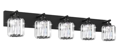 Black Crystal Bathroom Vanity Light, 5-Light Modern Bathroom Lighting Fixtures Over Mirror, Matte Black Wall Sconce Light Fixtures with Round Shade - color: Black-Round Shade, size: 5-LIGHT