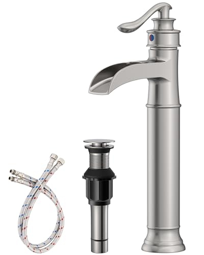 Vessel Sink Faucet Tall Bathroom Faucets Waterfall Brushed Nickel Brass | Single Handle 1 Hole with Pop Up Drain and Supply Line Farmhouse Lavatory Vanity by Homevacious - color: Brushed Nickel