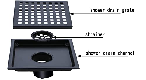 RANDOM Matte Black Square Shower Drain 6 Inch Drain Cover 304 Stainless Steel Floor Drain Grate with Removable Hair Strainer,6" Black Shower Drain - color: C-matte Black-6″ Square