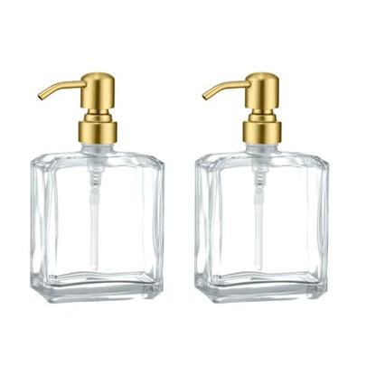 Square Clear Glass Dish Soap Dispenser Set 2 Pack, Brushed Gold Refillable Hand Soap Dispenser with Rust Proof Stainless Steel Pump 2 x 13.5 oz Lotion Dispenser for Bathroom Vanity Kitchen - color: Gold, size: 2X13.5oz-Square