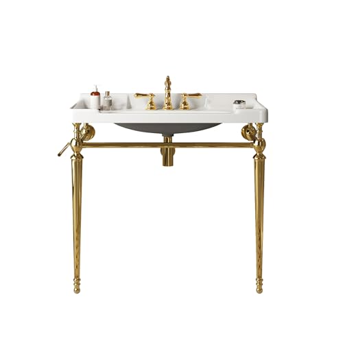 36" Bathroom Console Sink, VICI Wall Mounted Ceramic Basin with 3 Faucet Holes, Vanity Sink with Overflow, Freestanding Stainless Steel Legs, Towel Bar, Modern Bathroom Sink, White Top+Gold Leg - color: White,gold, size: 36''+White Top+Gold Leg
