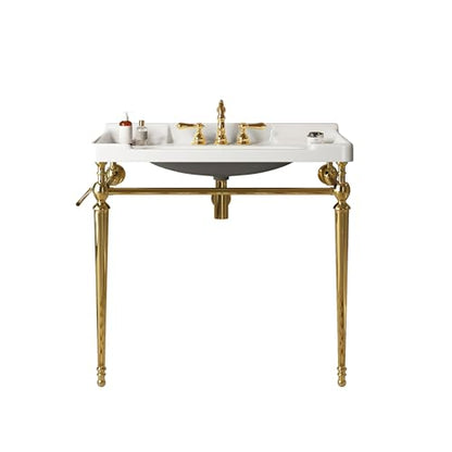 36" Bathroom Console Sink, VICI Wall Mounted Ceramic Basin with 3 Faucet Holes, Vanity Sink with Overflow, Freestanding Stainless Steel Legs, Towel Bar, Modern Bathroom Sink, White Top+Gold Leg - color: White,gold, size: 36''+White Top+Gold Leg