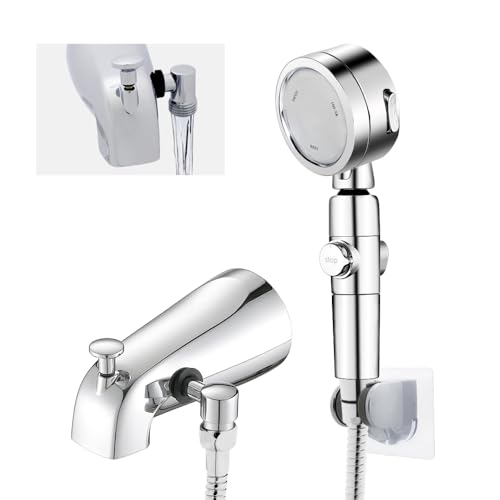 Chrome Tub Spout with Diverter slip fit 1/2 inch Copper Tube, High Pressure filtered Handheld Shower with 3 Spray Modes On/Off Switch, 59 inch hose, Bracket, No Drill Required Install