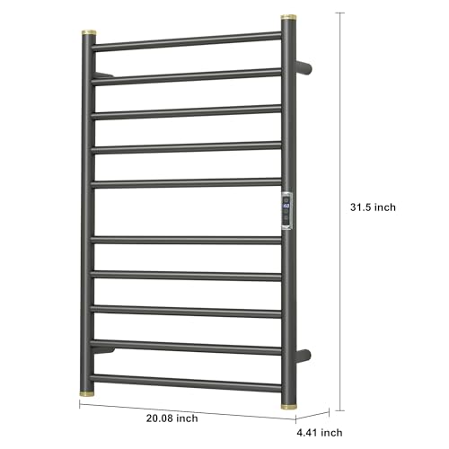 Electric Towel Warmer Rack,Heating Towel Warmer,Timer & Temperature Control,Wall-Mounted Plug-in for Bathroom,Brushed Gungrey,Stainless Steel,10-Bar(31.5x20.08x4.41in) - color: Round-matte Gungrey With Gold Top, size: 10 Bars