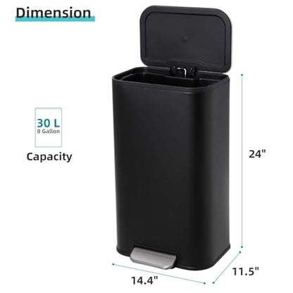 GarveeHome 8 Gal Kitchen Trash Can, Stainless Steel Garbage Can, Black | Soft Close Lid, Hands-Free Foot Pedal, Removable Inner Bucket, Rectangular Step On Waste Bin for Home Office Living Room - color: Black, size: 30 L