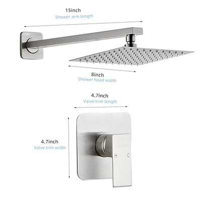 Shower Faucet Set Matte Black Bathroom Rainfall Shower System Wall Mount with 8 Inch Square Shower Head, Single Function Shower Trim Kit (8 Inch without Handheld Sprayer, Brushed Nickel) - color: Brushed Nickel, style: 8 Inch without Handheld Sprayer