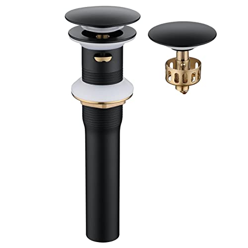 Pop up Sink Drain Stopper for Bathroom Vessel Vanity Sink Art Basin Matte Black ，Big Cap with Overflow, Metal Pop-up Drain Strainer with Detachable Basket Stopper - color: Matte Black, style: with overflow