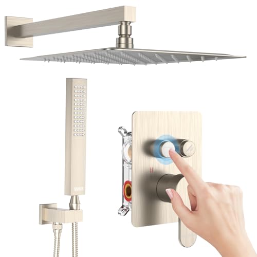 Rainfall Shower System, STARBATH 12 inch Wall Mounted Rain Shower Head with Handheld Spray, Push Button Diverter 2 Functions Simultaneous Use, Shower Faucet Set Rough-In Valve Includ, Brushed Nickel - color: Brushed Nickel, size: 12+12 inch-20