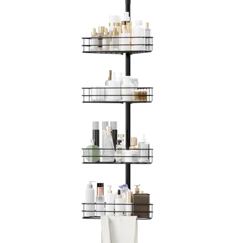 4-Tier Corner Shower Caddy Tension Pole, Adjust Bathroom Organizer Shelves | 76"-110" Adjustable Rustproof Bathroom Shelves, Shelves with Built-In Towel Bars, Space-Saving Design