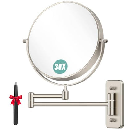 Auxmir 8" Double-Sided Wall-Mounted Makeup Mirror, 1X/30X Magnifying Mirror | stainless steel, 13-inch extendable swivel arm, 360°shaving rotation, bathroom makeup mirror, tweezers, Nickel - color: Nickel-1x/30x