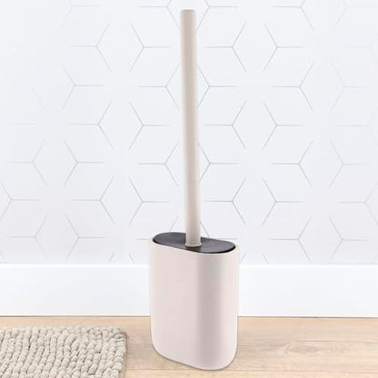 Oval Toilet Brush & Holder Set, Steel Handle, Deep Clean, Polyresin, Beige | Compact, Toilet cleaning, Daily hygiene, Guest bathroom, Small spaces, Hygienic Discreet Holder, Easy to Clean, Sturdy Build - color: Beige