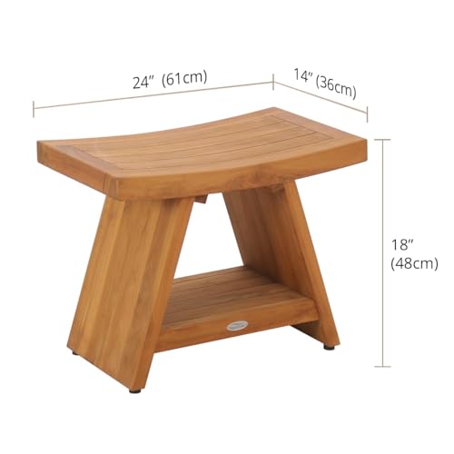 Patented 24" Asia Teak Shower Bench with Shelf - 24 Inch (Pack of 1) | Durable, Water-Resistant Teak, Shower Chair & Shaving Foot Rest, Indoor/Outdoor Use - size: 24 Inch (Pack of 1)