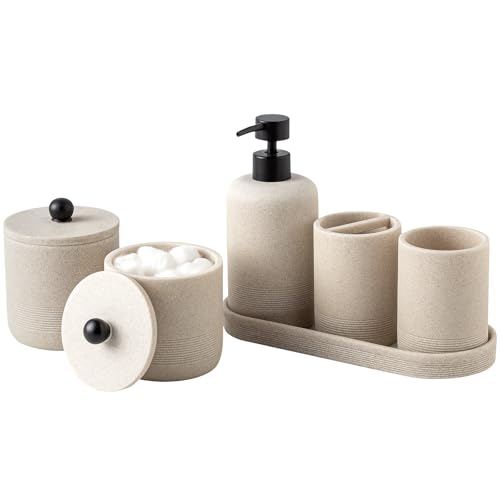 Bathroom Accessories Set, 6 PCS, Modern Sandstone Look, Beige | Simple, 15.22 OZ Soap Dispenser, Toothbrush Holder, Vanity Tray, Tumbler, 2 PCS Qtip Holders for Bathroom Countertop - color: Beige