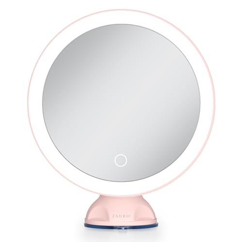 Zadro Zado 8.25-Inch x 6.9-Inch Round LED Lighted Wall Mounted Suction Cup Makeup Mirror with 10X Magnification and Touch Controls (Pink) - color: Pink