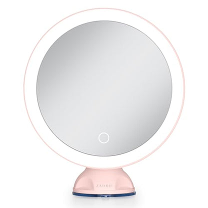 Zadro Zado 8.25-Inch x 6.9-Inch Round LED Lighted Wall Mounted Suction Cup Makeup Mirror with 10X Magnification and Touch Controls (Pink) - color: Pink