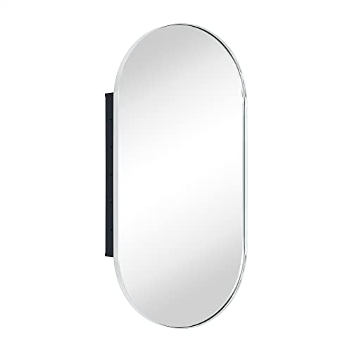 Chrome Oval Recessed Bathroom Medicine Cabinet with Mirror Stainless Steel Metal Framed Oblong Pill Shaped Bathroom Cabinet with Mirror 16x33'' - color: Chrome