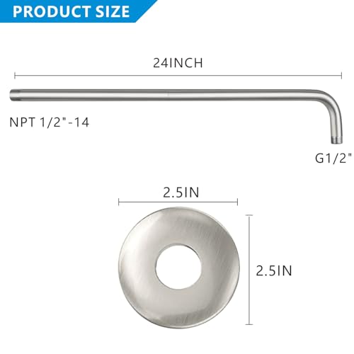 Voolan Shower Arm with Flange and Teflon Tape, Extension Shower Head Arm for Bathroom Fixed Shower Head, Solid Stainless Steel, Wall Mounted (24 Inch, Brushed Nickel) - color: Brushed Nickel, style: 24 Inch