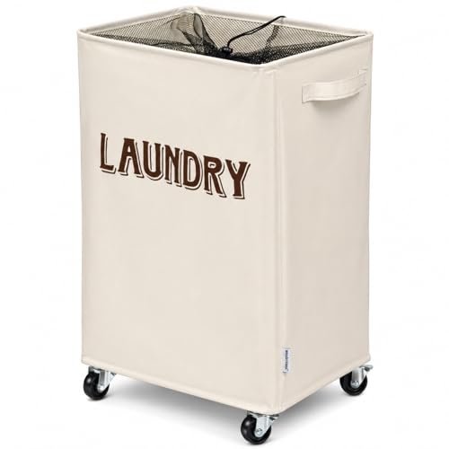 Wondersome Laundry Hamper with Wheels - Farmhouse Cream - 90-Liter Extra Large Collapsible Rolling Clothes Cart - Heavy Duty Locking Metal Wheel Tall Rectangular Canvas Storage Basket - US-Based Brand