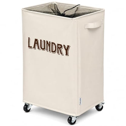 Wondersome Laundry Hamper with Wheels - Farmhouse Cream - 90-Liter Extra Large Collapsible Rolling Clothes Cart - Heavy Duty Locking Metal Wheel Tall Rectangular Canvas Storage Basket - US-Based Brand