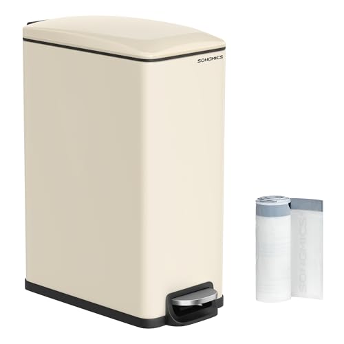 SONGMICS Slim Trash Can, 13-Gallon (50 L) Garbage Can for Narrow Spaces with Soft-Close Lid, Inner Bucket, and Step-on Pedal, Stainless Steel, 15 Trash Bags Included, Sand Beige ULTB510A01 - color: Sand Beige, style: 13 Gal.