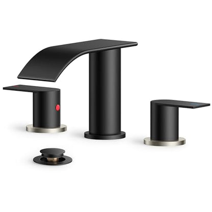 FORIOUS Bathroom Faucet 3 Hole 8 Inch Waterfall Black and Brushed Nickel | Bathroom Sink Faucet with Pop-up Drain and 24" Supply Lines, Two Handles, for Vanity Laundry Farmhouse School and Restroom - color: Black and Stainless Steel