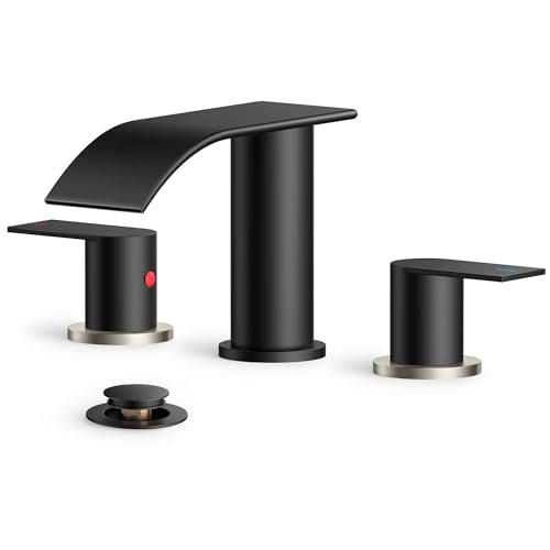 FORIOUS Bathroom Faucet 3 Hole 8 Inch Waterfall Black and Brushed Nickel | Bathroom Sink Faucet with Pop-up Drain and 24" Supply Lines, Two Handles, for Vanity Laundry Farmhouse School and Restroom - color: Black and Stainless Steel
