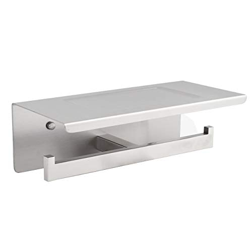 Bathroom Toilet Paper Holder with Shelf, Stainless Steel Double Roll Toilet Tissue Holder Dual Wall Mounted for Mobile Phone Storage, Brushed Finish - color: Brushed
