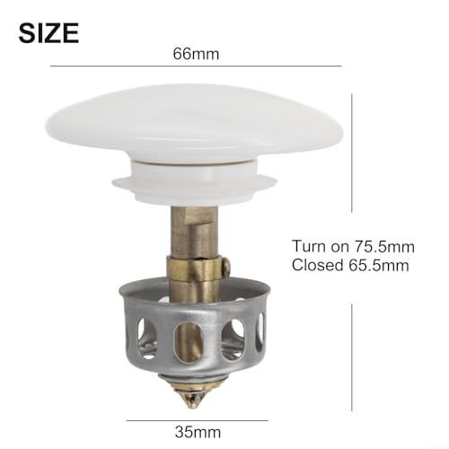 Bathroom Basin Drain With Strainer Basket For Countertop Bathtub, Brass And Ceramic Up Stopper(White) - color: White