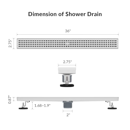 36 Inch Linear Shower Drain, Brushed 304 Stainless Steel, CUPC Certified Rectangle Floor Drain with Removable Grate and Leveling Feet - color: Brushed, size: 36''