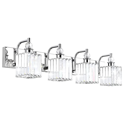 Ralbay Modern Crystal Vanity Light for Bathroom 4 Light 31.5''Chrome Bathroom Wall Lighting Fixtures Over Mirror - color: Square-Chrome, size: 32 inch