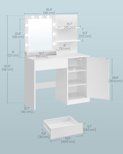 VASAGLE KAILYN Collection - Vanity Desk with Mirror and Lights, 35.4-Inch Wide Makeup Vanity with Stool, Power Outlets, LED Lights, Storage Drawer, for Bedroom, Modern, Cloud White URDT128WB01S - style: 35.4"W 1 Drawer 1 Cabine Vanity Desk - Cloud White