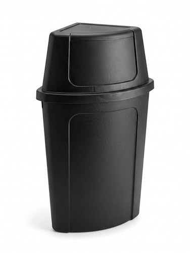 Corner Round Trash Can with Push Door Lid, 21 Gallon, Black, Indoor Commercial Use