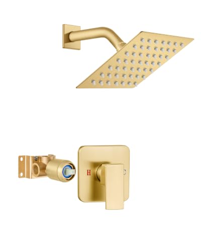 Heyalan 6 Inch Square Rain Shower Faucet Set with Valve, Brushed Gold | Female-thread 1/2-inch NPT connections, SUS304 shower head, brass rough-in valve, single-handle control Shower Set - color: Gold, size: 6 Inch Square Shower Head