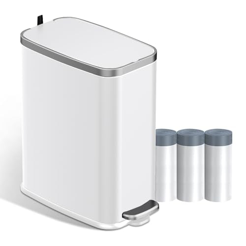 KdbK Stainless Steel Bathroom Trash Can with Lid Soft Close,1.6 Gallon Slim Garbage can,Small Metal Step Wastebasket for Office, Bedroom, Toilet, White - color: White