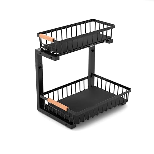 Under Sink Organizer with Pull-Out Drawers, 5-Level Adjustable Height 14"–17", 2-Tier Cabinet Storage, 4 Suction Cups, Nano-Grip Base, Sliding Baskets, Heavy-Duty Steel, Kitchen & Bathroom
