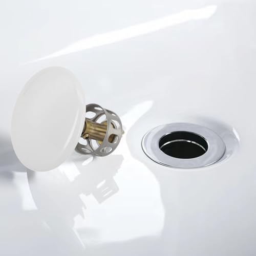 Bathroom Basin Drain With Strainer Basket For Countertop Bathtub, Brass And Ceramic Up Stopper(White) - color: White