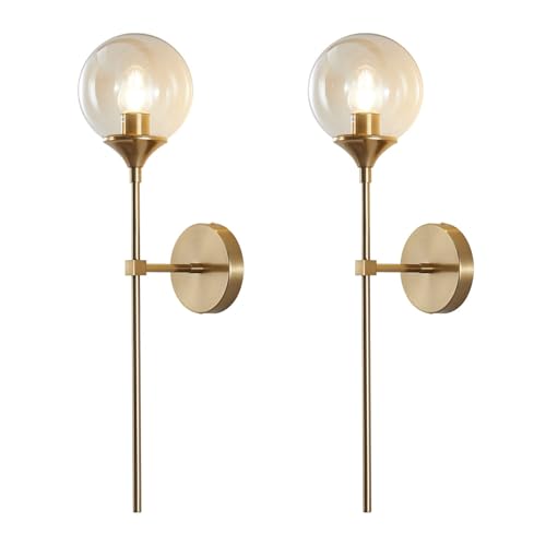 KCO 2 Pack Modern Brass Gold Amber Glass Globe Wall Sconce with Long Rod | E26 Base, Up/Down Mounted, Hardwired Mid Century Wall Light Fixture for Bedroom Reading Bathroom Vanity Hallway Living Room - color: Amber