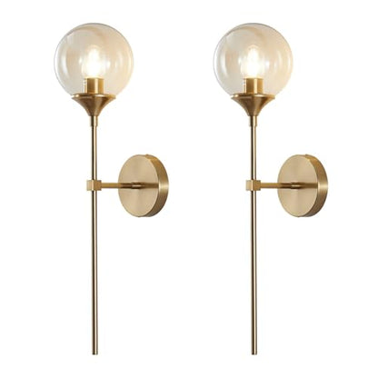 KCO 2 Pack Modern Brass Gold Amber Glass Globe Wall Sconce with Long Rod | E26 Base, Up/Down Mounted, Hardwired Mid Century Wall Light Fixture for Bedroom Reading Bathroom Vanity Hallway Living Room - color: Amber